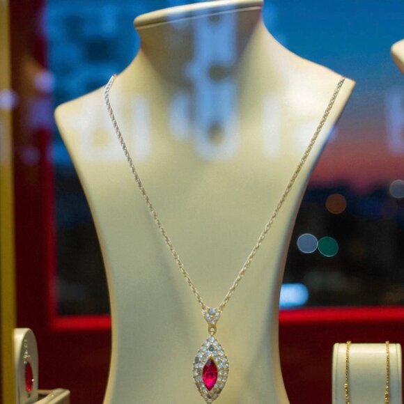 Vintage Attwood & Sawyer Ruby and White Rhinestones Gold Tone Pendant Necklace - Picture 9 of 16